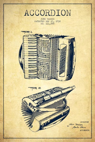 Music Blueprints: Accordion Vintage Patent Blueprint by Aged Pixel