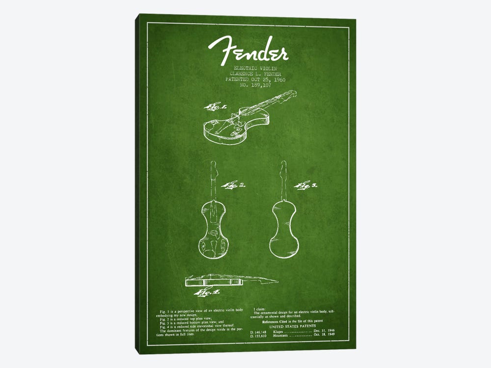 Violin Green Patent Blueprint by Aged Pixel 1-piece Canvas Art Print
