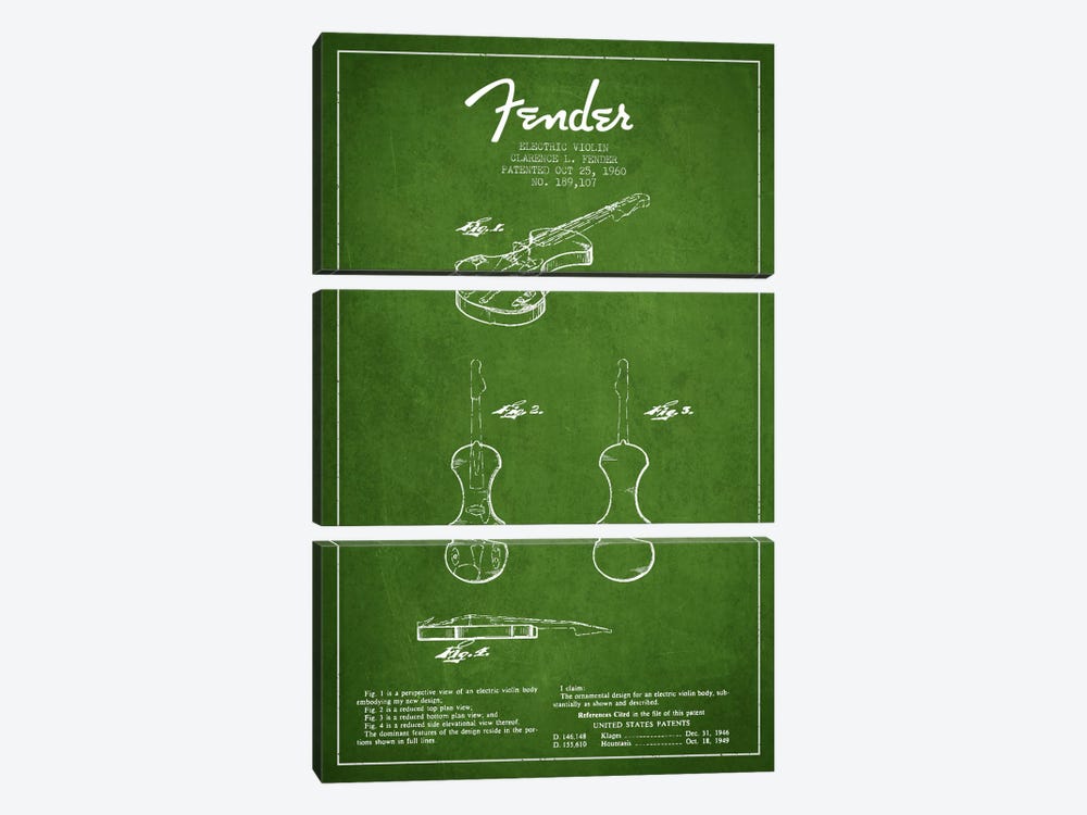 Violin Green Patent Blueprint by Aged Pixel 3-piece Canvas Print