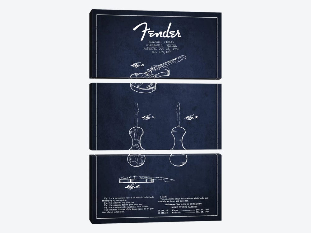 Violin Navy Blue Patent Blueprint by Aged Pixel 3-piece Canvas Art