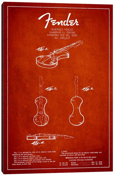 Violin Red Patent Blueprint Canvas Art Print - Violin Art