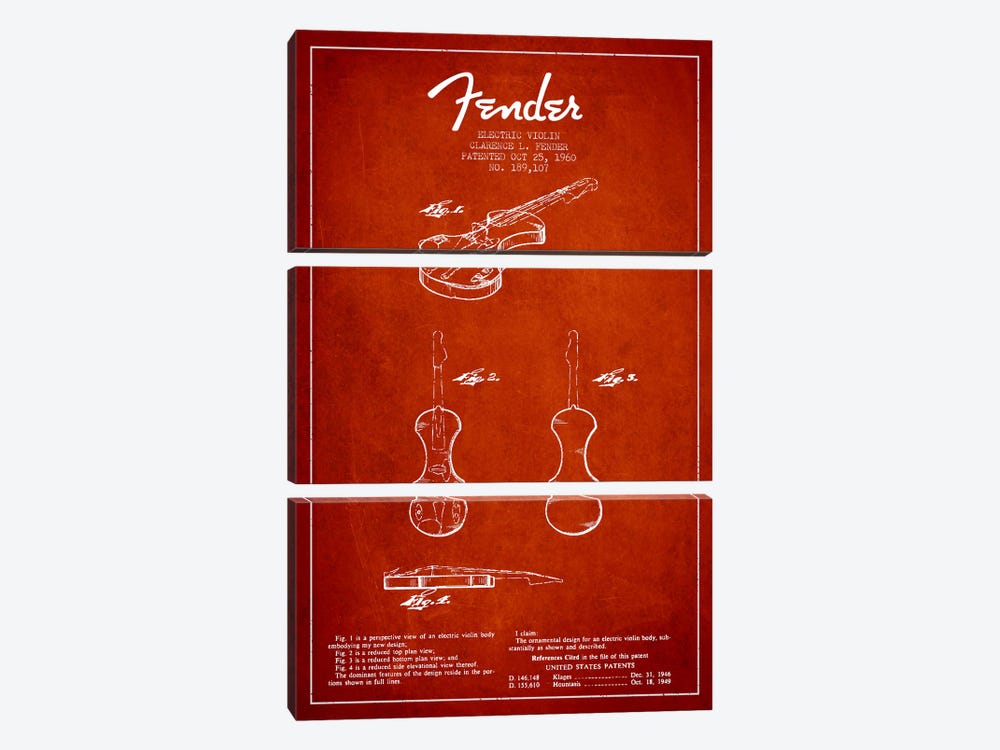 Violin Red Patent Blueprint by Aged Pixel 3-piece Canvas Print