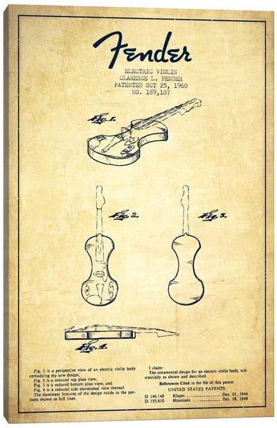 Violin Vintage Patent Blueprint Canvas Art Print - Aged Pixel: Music