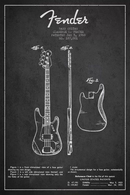 Bass Guitar Charcoal Patent Blueprint