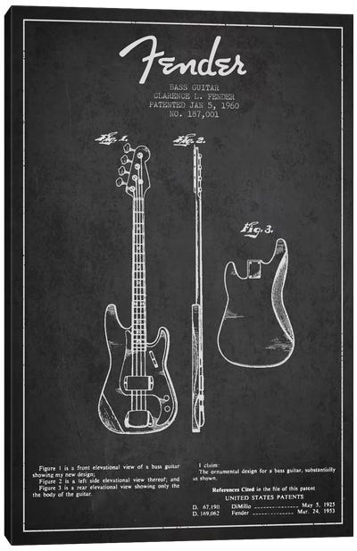 Bass Guitar Charcoal Patent Blueprint Canvas Art Print - Aged Pixel: Music