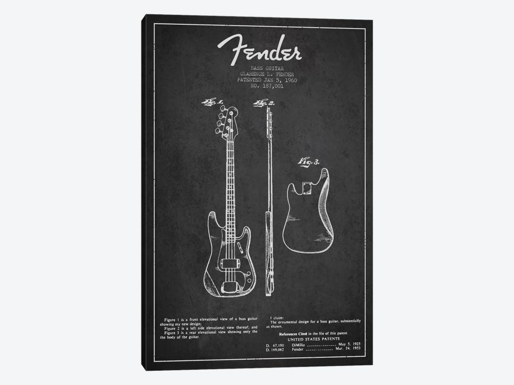 Bass Guitar Charcoal Patent Blueprint by Aged Pixel 1-piece Art Print