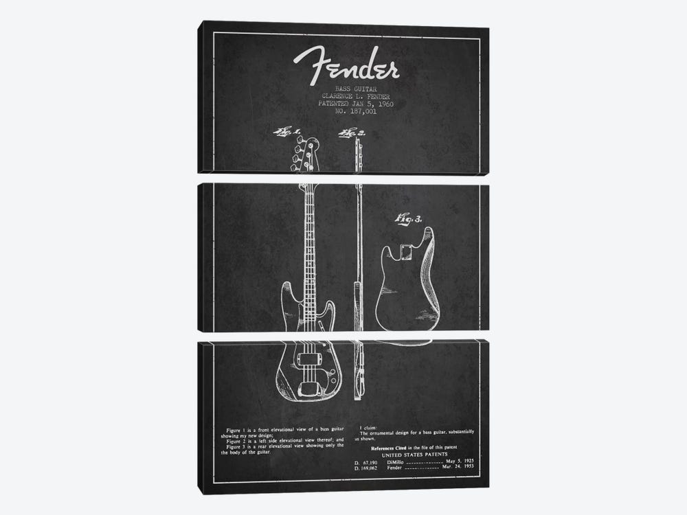 Bass Guitar Charcoal Patent Blueprint by Aged Pixel 3-piece Canvas Print