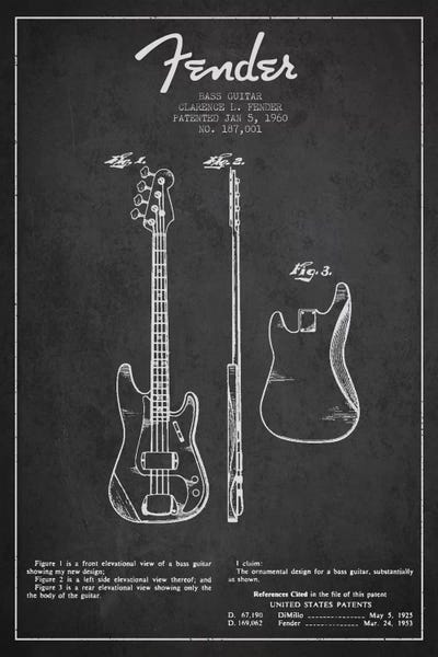 Music Blueprints: Bass Guitar Charcoal Patent Blueprint by Aged Pixel