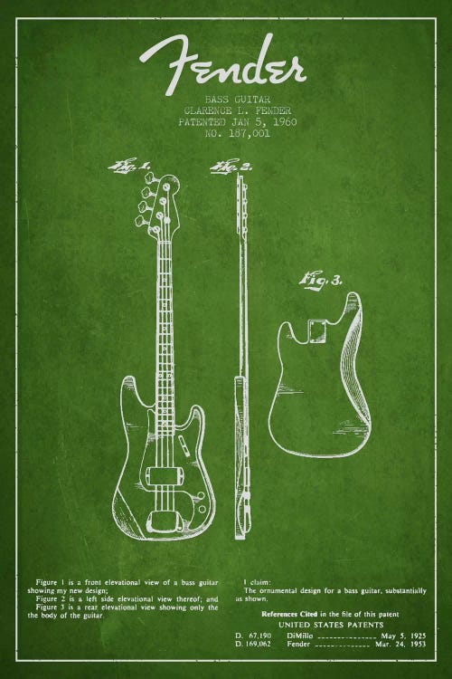 Bass Guitar Green Patent Blueprint