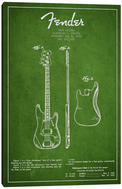 Bass Guitar Green Patent Blueprint Canvas Art Print - Fresh & Funky Greenery