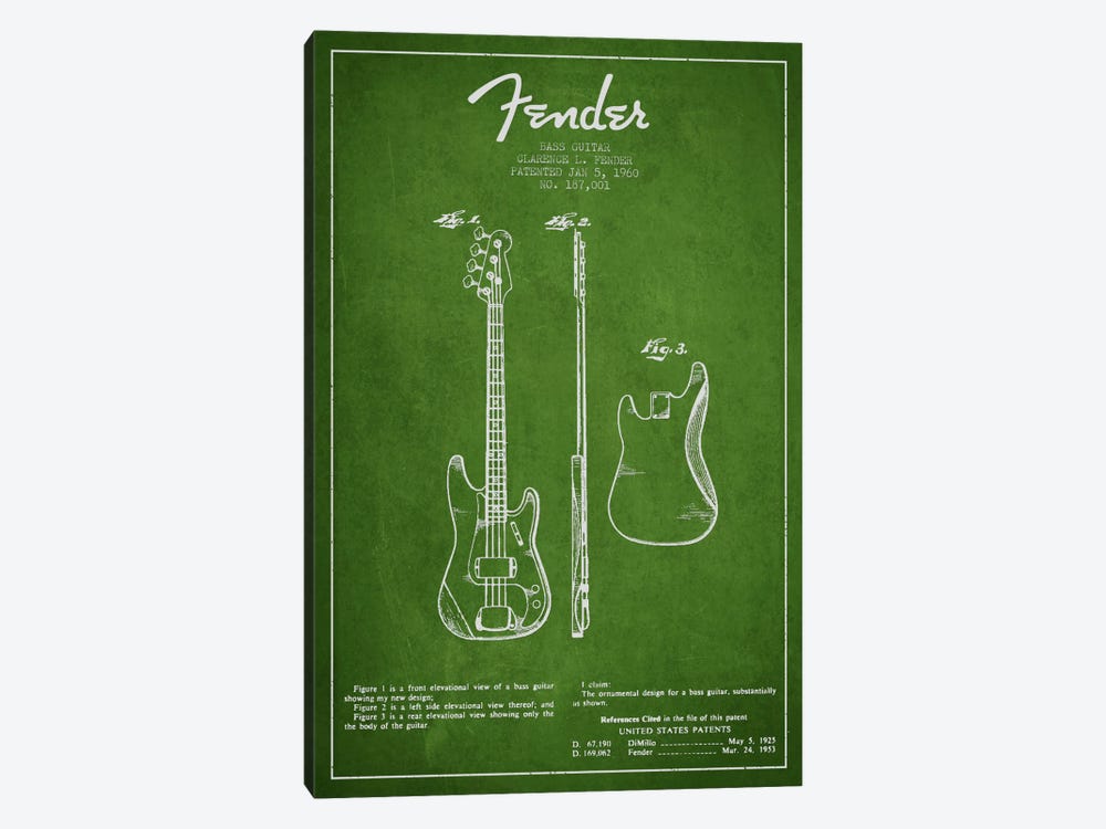 Bass Guitar Green Patent Blueprint by Aged Pixel 1-piece Canvas Print