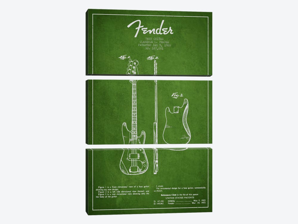 Bass Guitar Green Patent Blueprint by Aged Pixel 3-piece Art Print