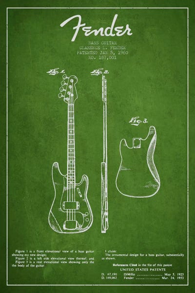 Music Blueprints: Bass Guitar Green Patent Blueprint by Aged Pixel
