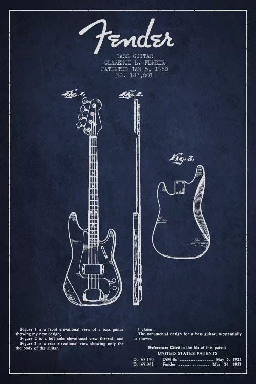 Bass Guitar Navy Blue Patent Blueprint by Aged Pixel wall art
