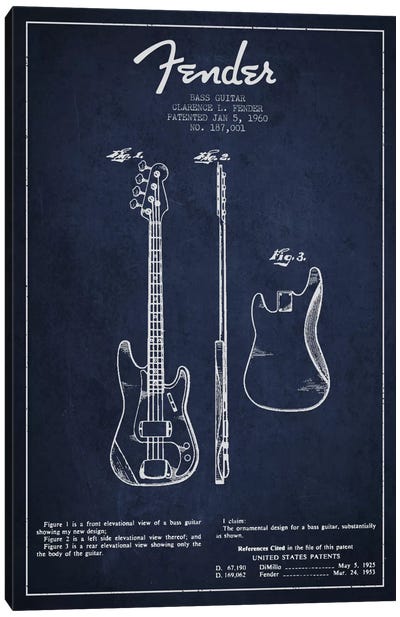 Bass Guitar Navy Blue Patent Blueprint Canvas Art Print - Aged Pixel: Music