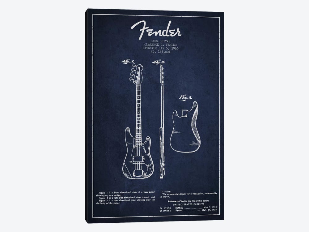 Bass Guitar Navy Blue Patent Blueprint 1-piece Canvas Wall Art
