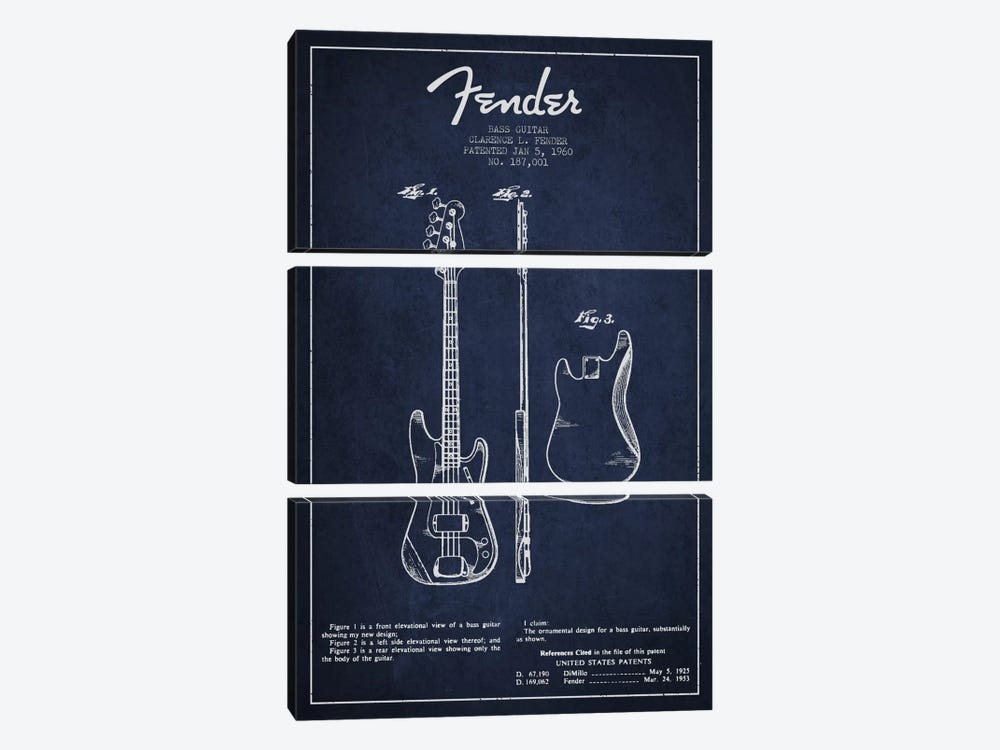 Bass Guitar Navy Blue Patent Blueprint by Aged Pixel 3-piece Canvas Art