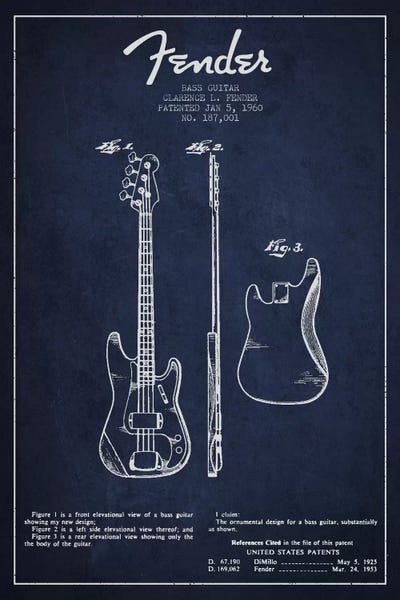Aged Pixel: Bass Guitar Navy Blue Patent Blueprint by Aged Pixel
