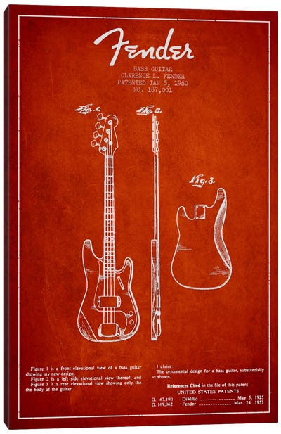 Bass Guitar Red Patent Blueprint Canvas Art Print - Aged Pixel: Music