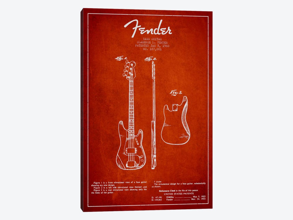 Bass Guitar Red Patent Blueprint by Aged Pixel 1-piece Canvas Print