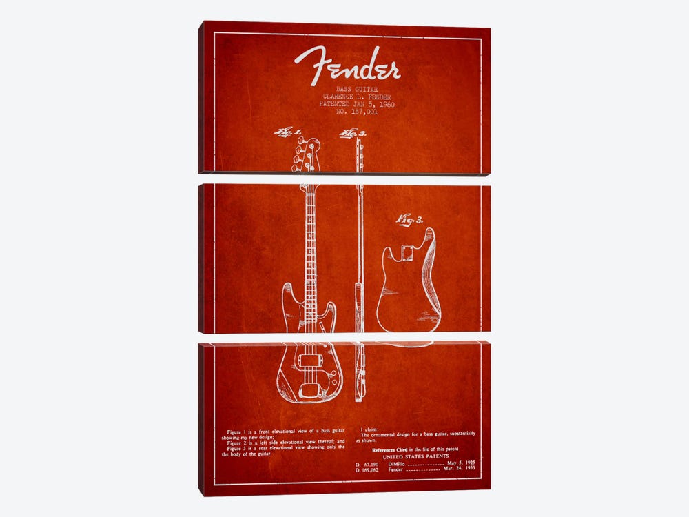 Bass Guitar Red Patent Blueprint 3-piece Canvas Print
