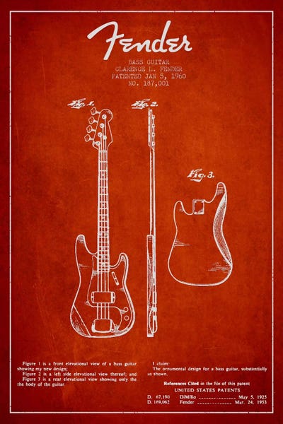 Music Blueprints: Bass Guitar Red Patent Blueprint by Aged Pixel