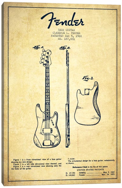 Bass Guitar Vintage Patent Blueprint Canvas Art Print - Aged Pixel