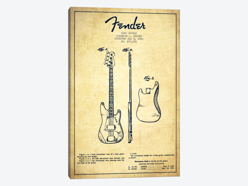 Bass Guitar Vintage Patent Blueprint by Aged Pixel 1-piece Canvas Artwork