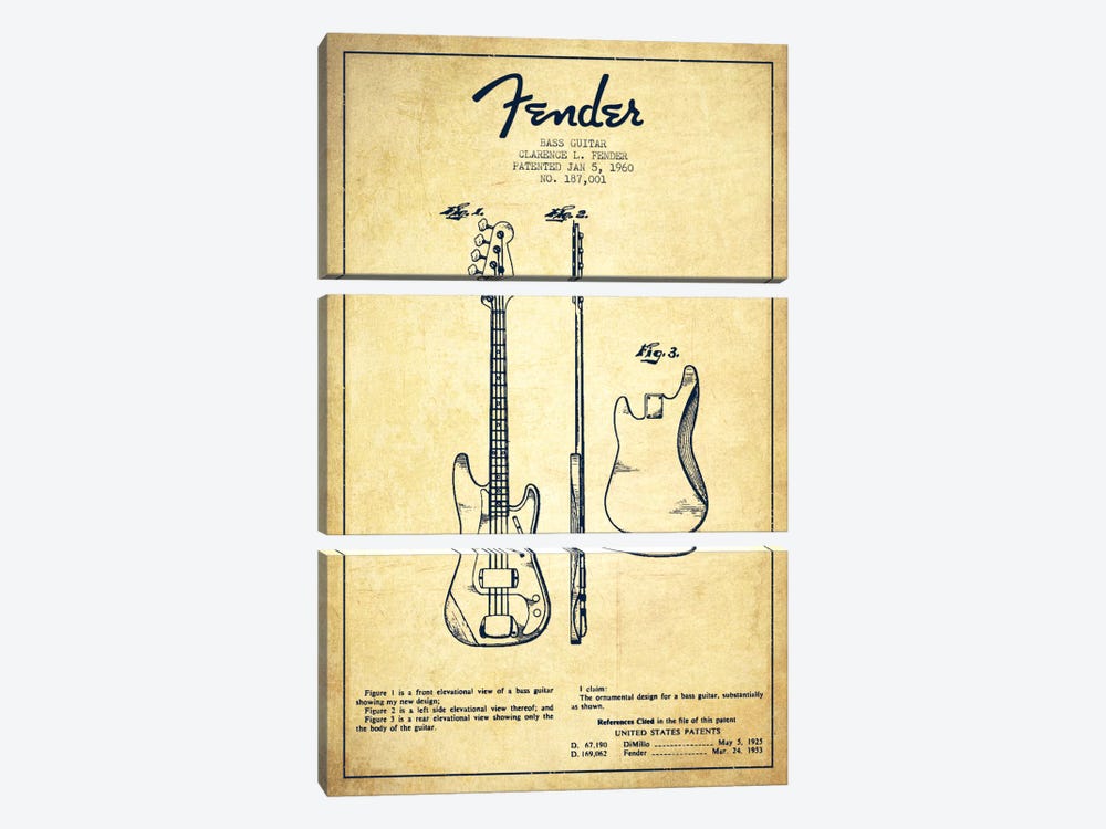 Bass Guitar Vintage Patent Blueprint by Aged Pixel 3-piece Canvas Art