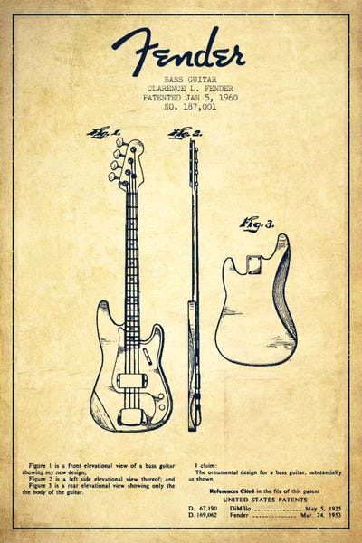 Aged Pixel: Bass Guitar Vintage Patent Blueprint by Aged Pixel