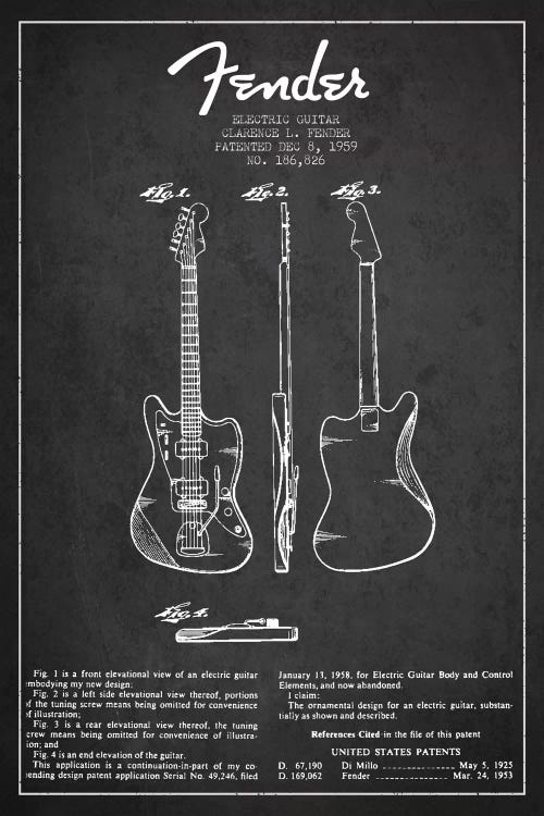 Electric Guitar Charcoal Patent Blueprint