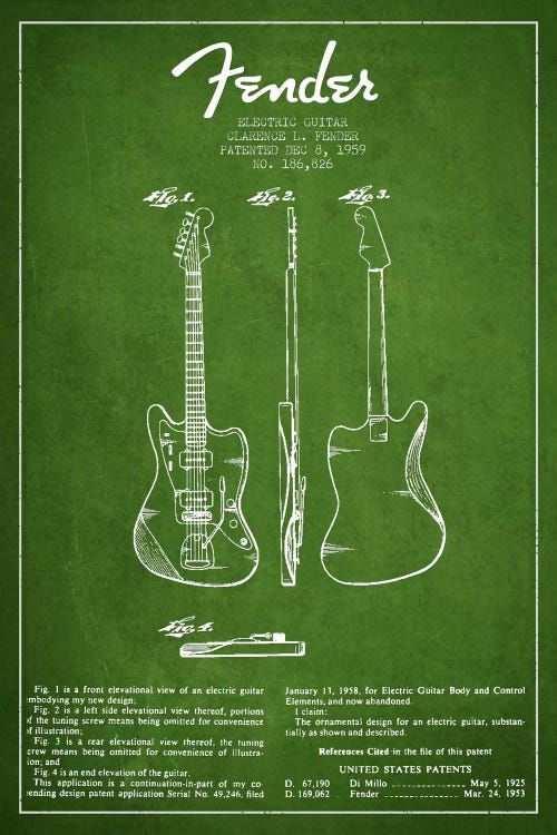 Electric Guitar Green Patent Blueprint by Aged Pixel wall art