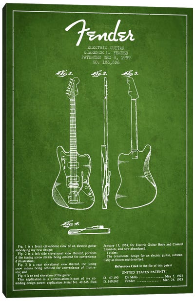 Electric Guitar Green Patent Blueprint Canvas Art Print - Music Blueprints