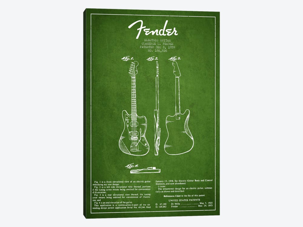 Electric Guitar Green Patent Blueprint by Aged Pixel 1-piece Canvas Art