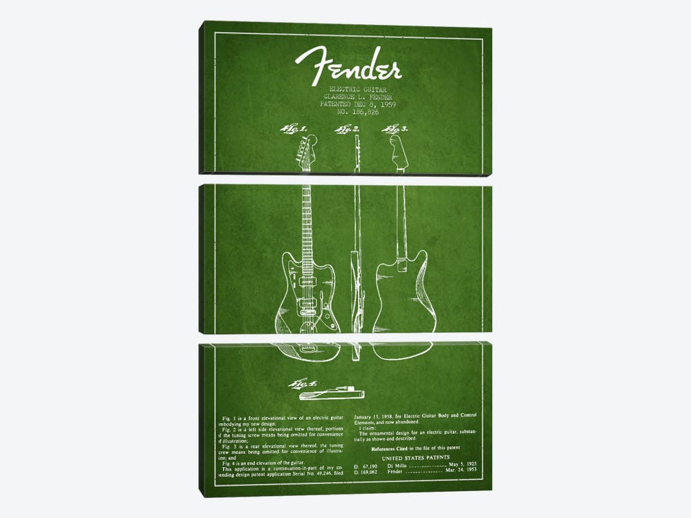 Electric Guitar Green Patent Blueprint by Aged Pixel 3-piece Canvas Wall Art