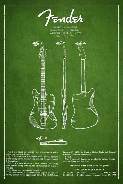 Music Blueprints: Electric Guitar Green Patent Blueprint by Aged Pixel