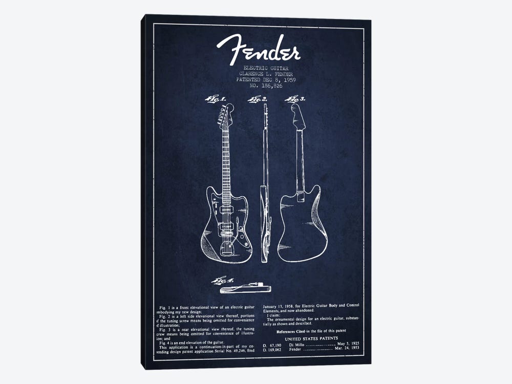Electric Guitar Navy Blue Patent Blueprint by Aged Pixel 1-piece Canvas Print