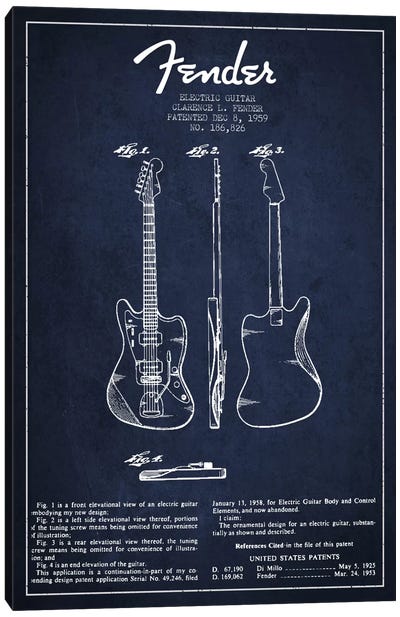 Electric Guitar Navy Blue Patent Blueprint Canvas Art Print - Music Blueprints