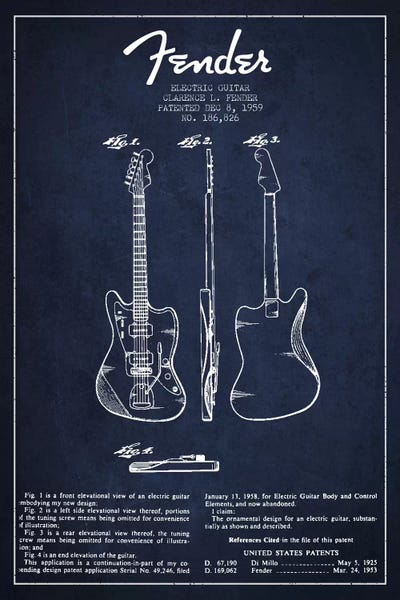 Aged Pixel: Electric Guitar Navy Blue Patent Blueprint by Aged Pixel