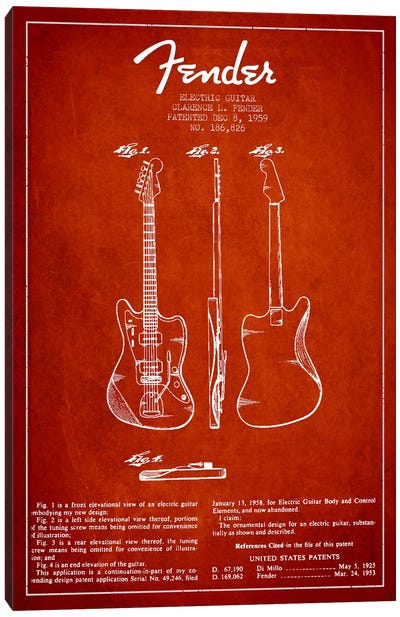 Electric Guitar Red Patent Blueprint Canvas Art Print - Aged Pixel: Music