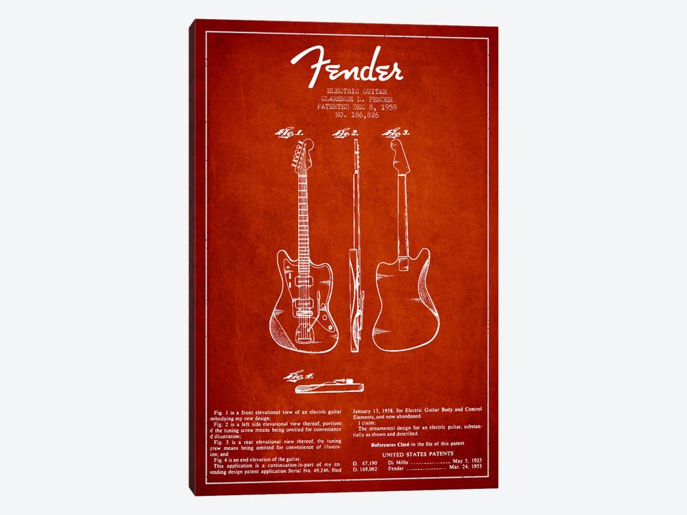 Electric Guitar Red Patent Blueprint by Aged Pixel 1-piece Canvas Wall Art