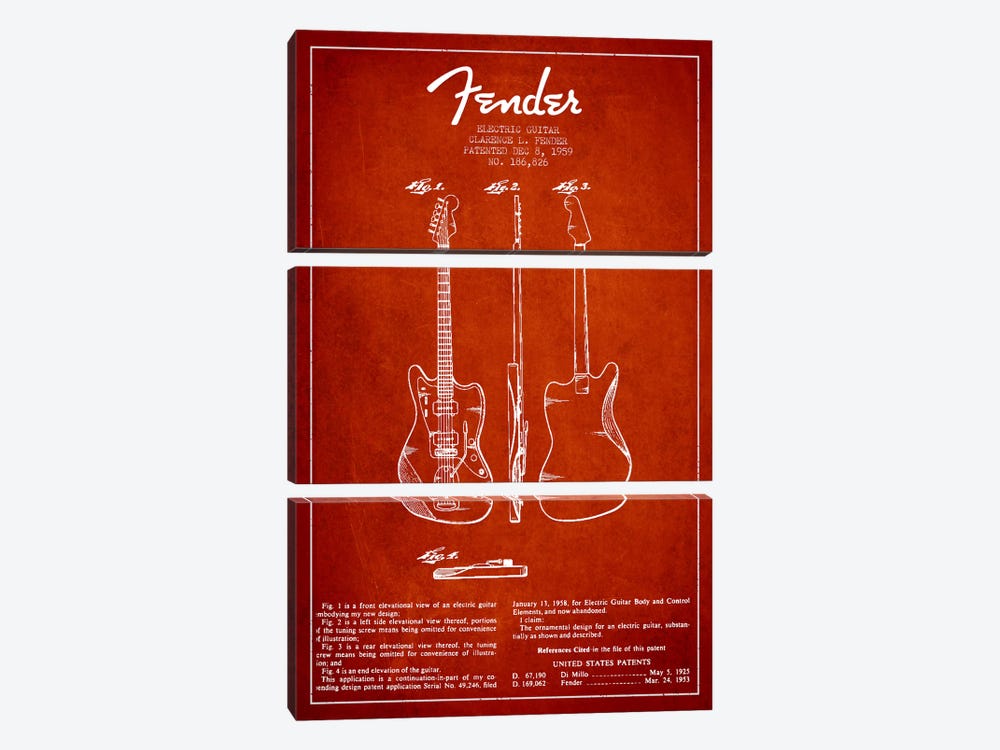 Electric Guitar Red Patent Blueprint by Aged Pixel 3-piece Canvas Artwork