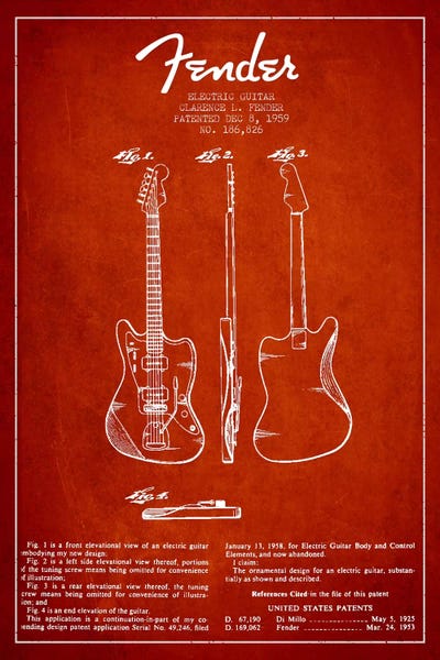 Aged Pixel: Electric Guitar Red Patent Blueprint by Aged Pixel