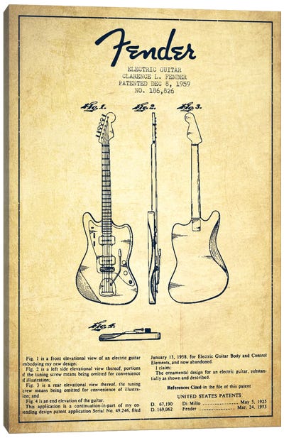 Electric Guitar Vintage Patent Blueprint Canvas Art Print - Aged Pixel: Music