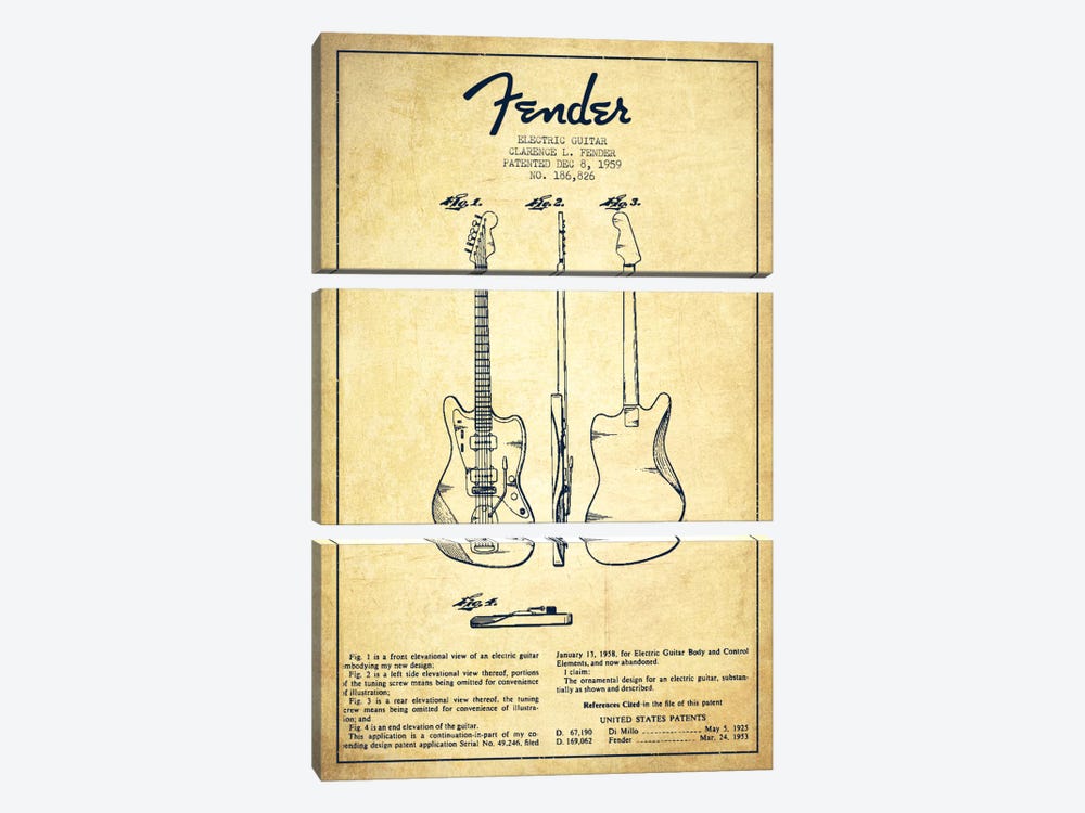 Electric Guitar Vintage Patent Blueprint by Aged Pixel 3-piece Canvas Print