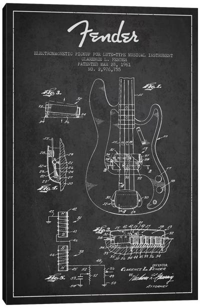 Guitar Charcoal Patent Blueprint Canvas Art Print - Black & White Art