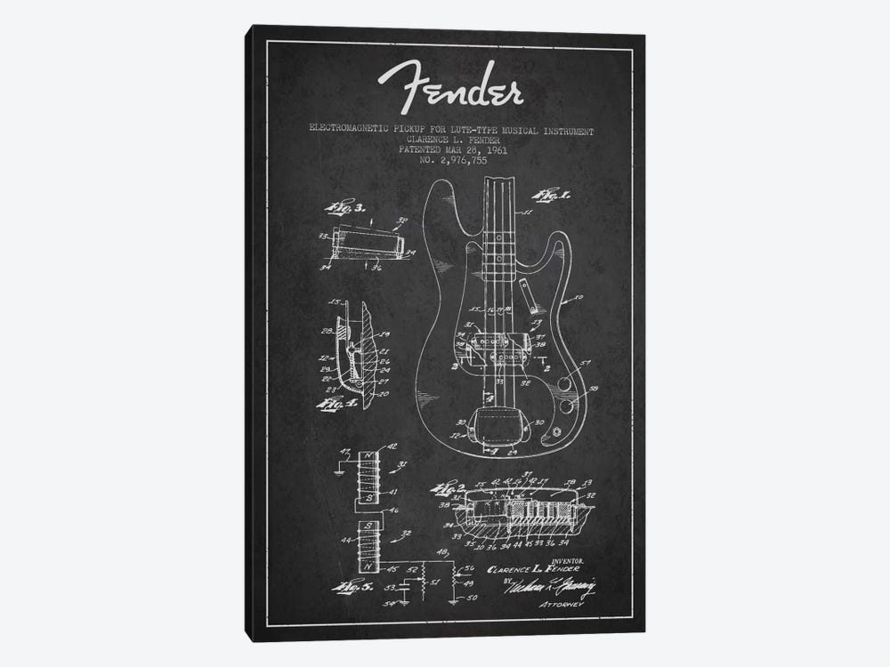 Guitar Charcoal Patent Blueprint by Aged Pixel 1-piece Canvas Artwork