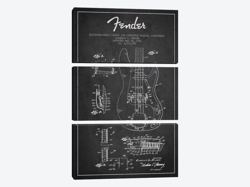 Guitar Charcoal Patent Blueprint by Aged Pixel 3-piece Canvas Artwork
