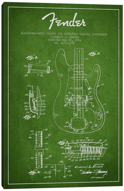 Guitar Green Patent Blueprint Canvas Art Print - Guitar Art