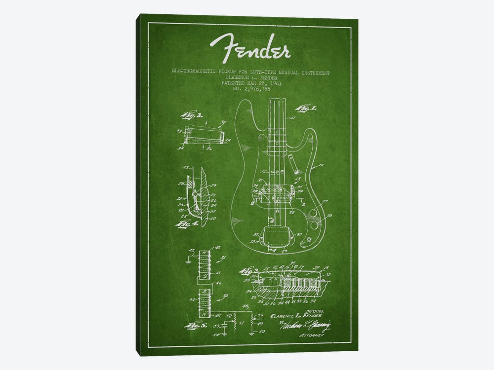 Guitar Green Patent Blueprint by Aged Pixel 1-piece Canvas Artwork